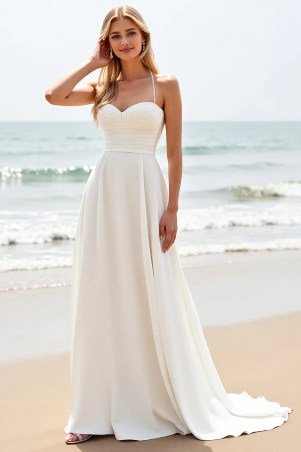 Simple White A-Line Spaghetti Straps Satin Long Bridal Dress sold by Zapaka