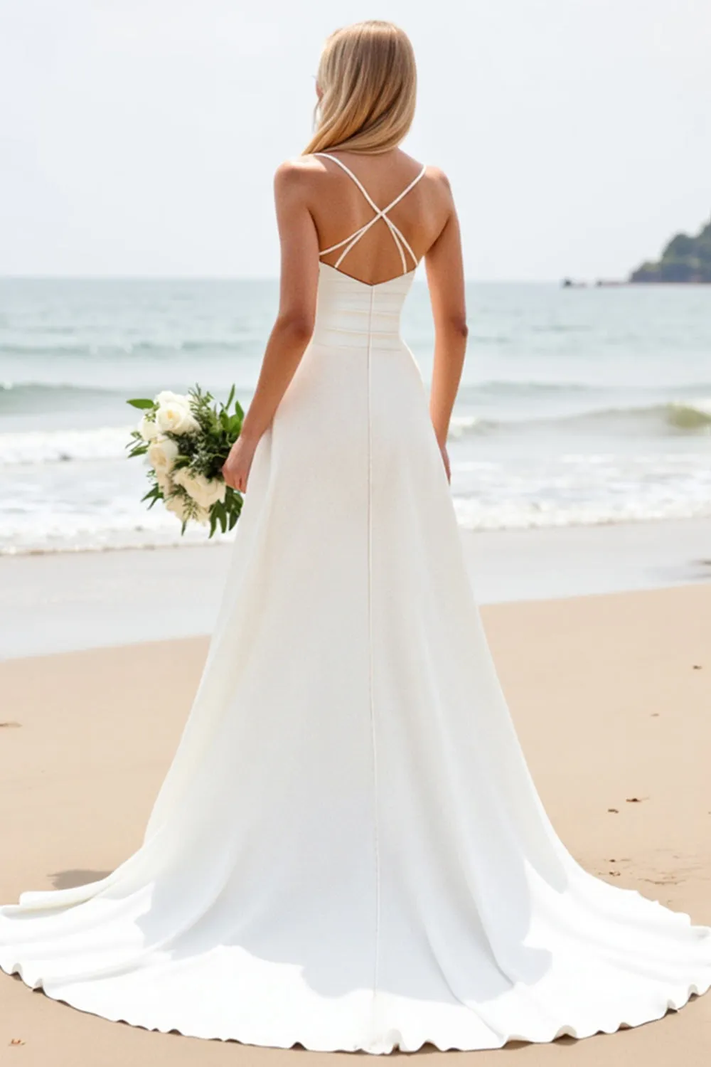 Simple White A-Line Spaghetti Straps Satin Long Bridal Dress sold by Zapaka product image thumbnail 2