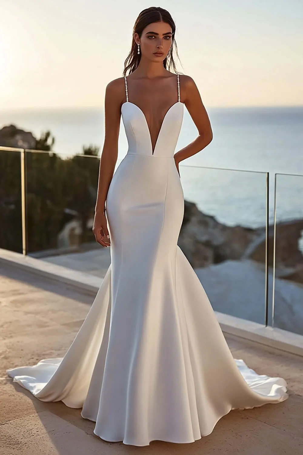 Mermaid lvory Spaghetti Straps Satin Long Wedding Dress sold by Zapaka