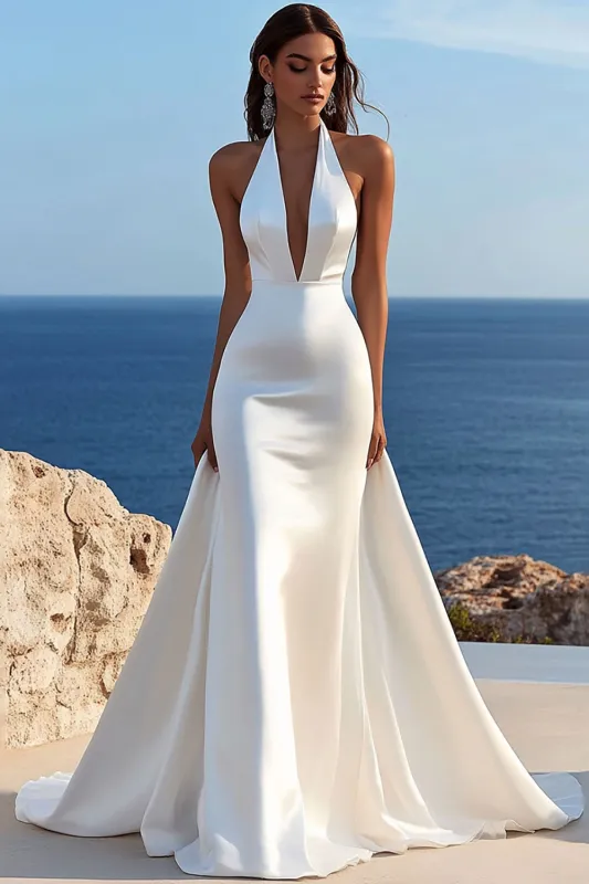 Mermaid lvory Halter Satin Long Wedding Dress sold by Zapaka