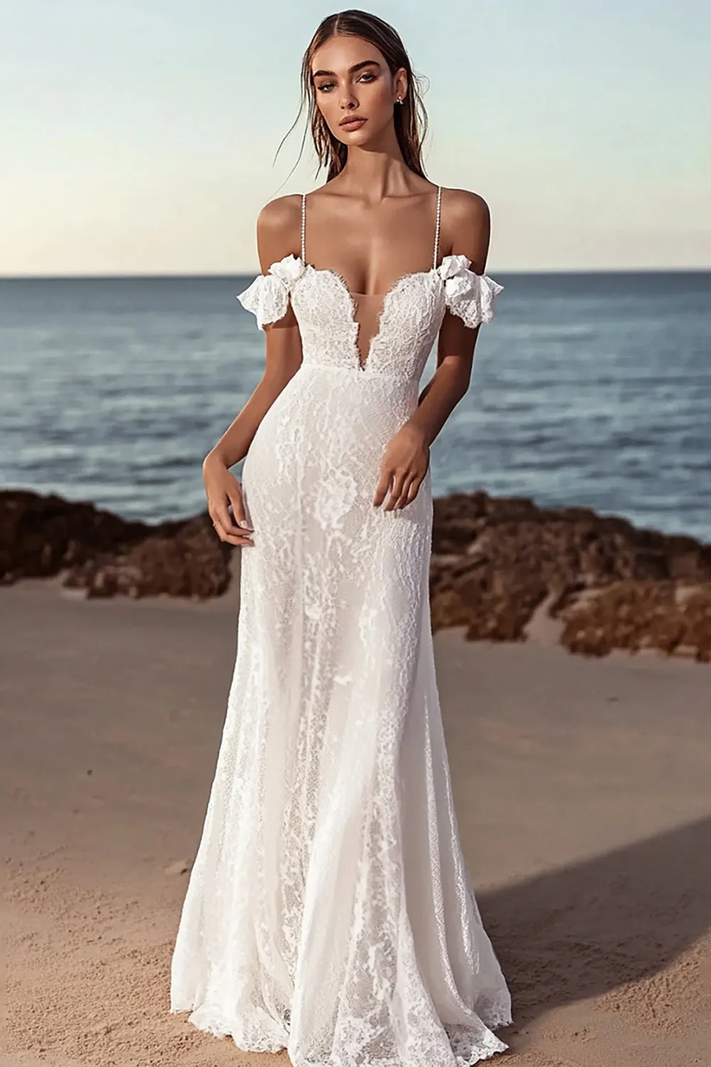 Mermaid Cold Shoulder lvory Lace Long Wedding Dress sold by Zapaka