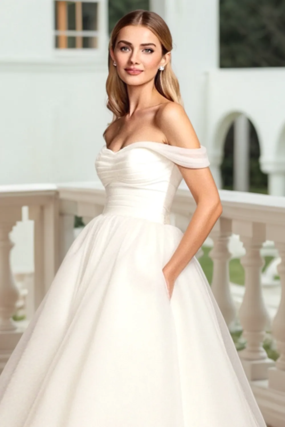White Off The Shoulder Tulle A Line Wedding Dress sold by Zapaka product image thumbnail 5