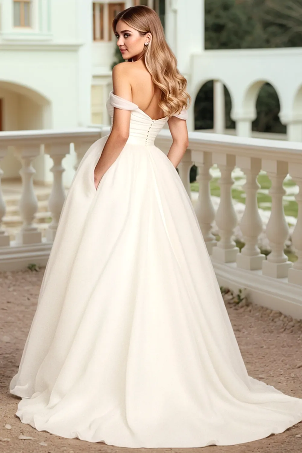 White Off The Shoulder Tulle A Line Wedding Dress sold by Zapaka product image thumbnail 2