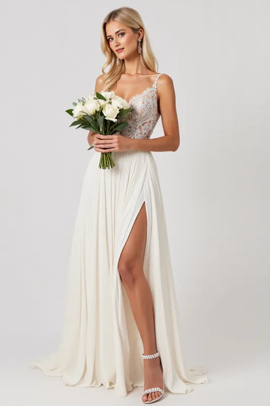 Ivory A Line Chiffon Lace Long Wedding Dress With Slit sold by Zapaka