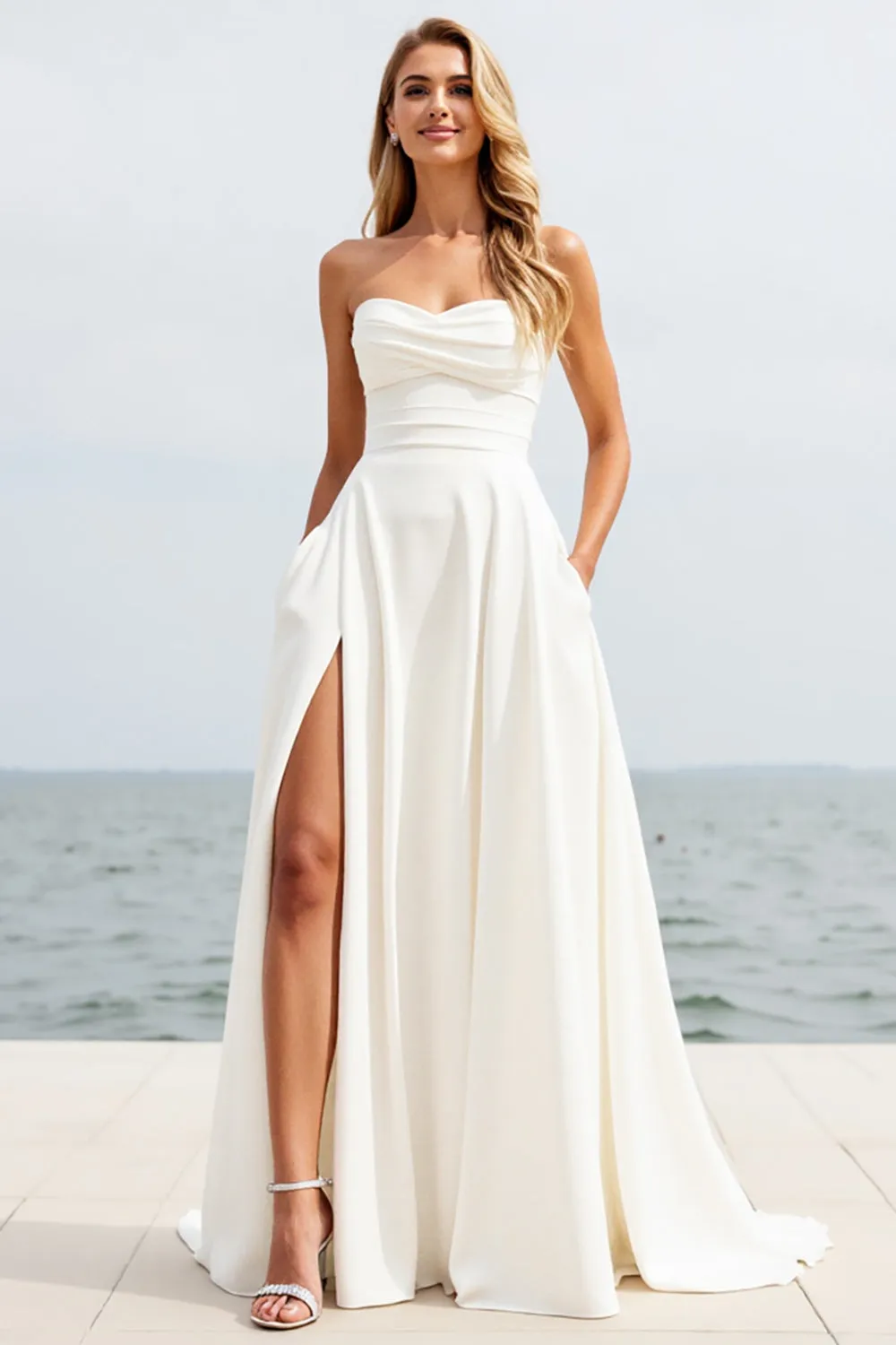 Ivory Strapless A Line Chiffon Beach Wedding Dress With Slit sold by Zapaka