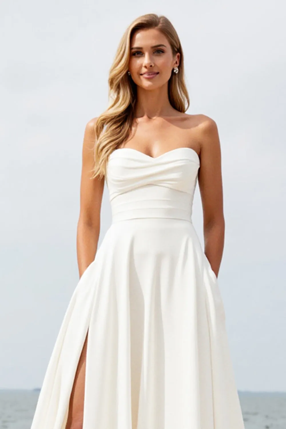 Ivory Strapless A Line Chiffon Beach Wedding Dress With Slit sold by Zapaka product image thumbnail 5