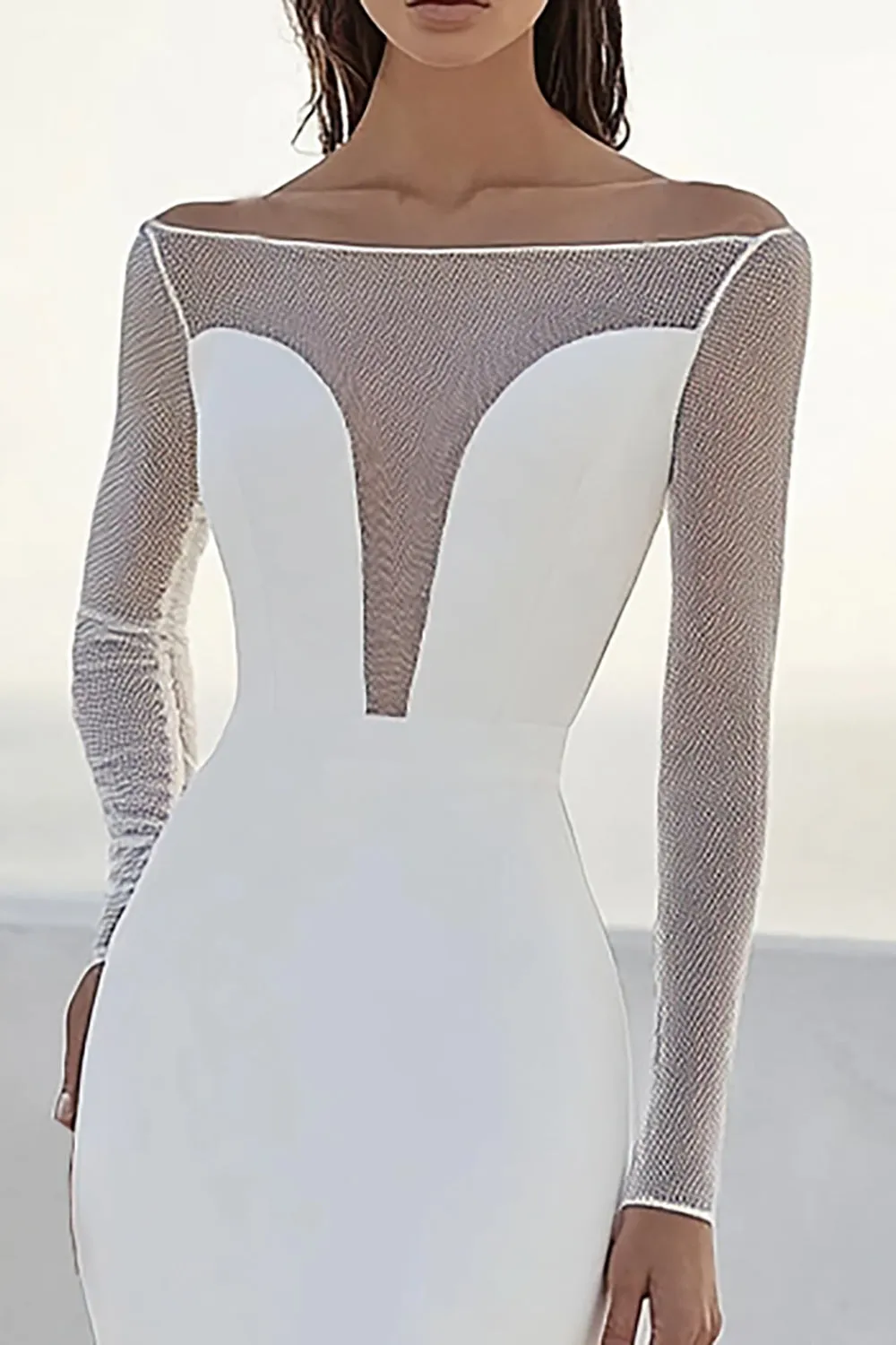 Ivory Bateau Neck Matte Satin Mermaid Wedding Dress With Long Sleeves sold by Zapaka product image thumbnail 2