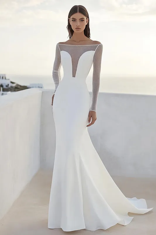 Ivory Bateau Neck Matte Satin Mermaid Wedding Dress With Long Sleeves sold by Zapaka