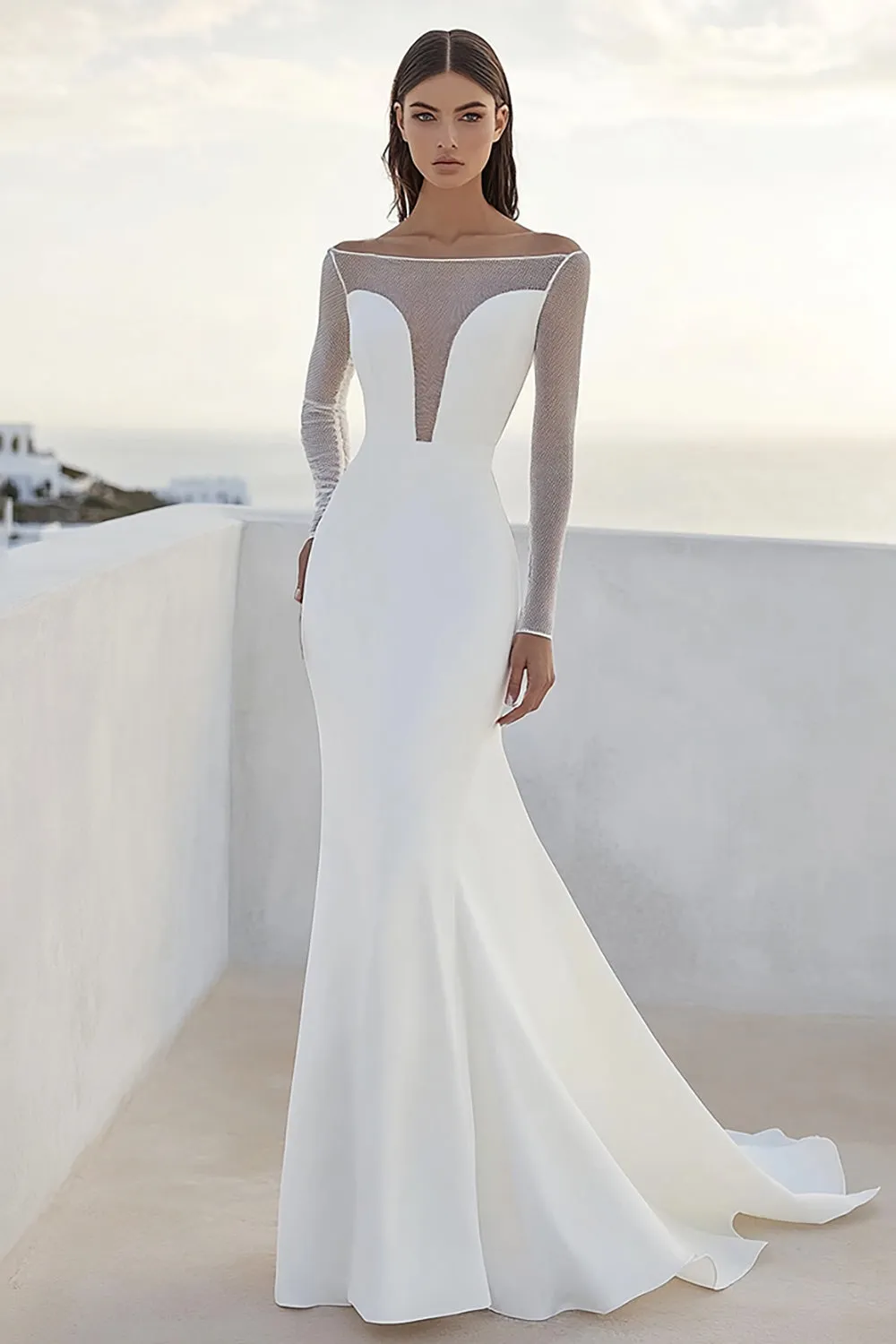 Ivory Bateau Neck Matte Satin Mermaid Wedding Dress With Long Sleeves sold by Zapaka