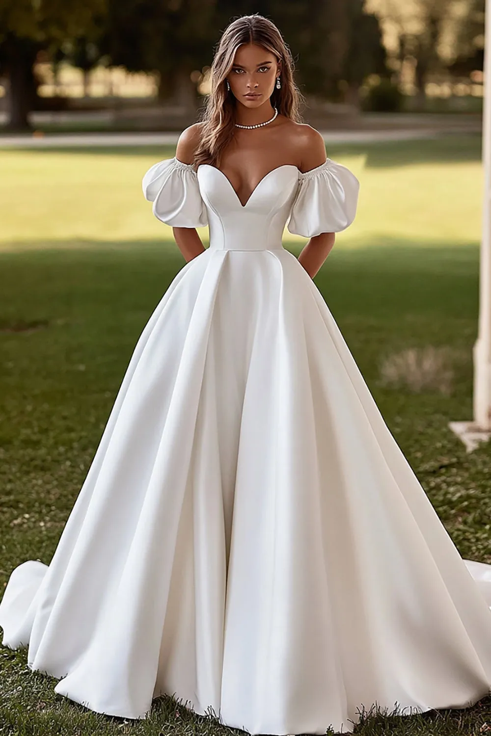 Off The Shoulder Satin Ivory A Line Wedding Dress With Slit sold by Zapaka