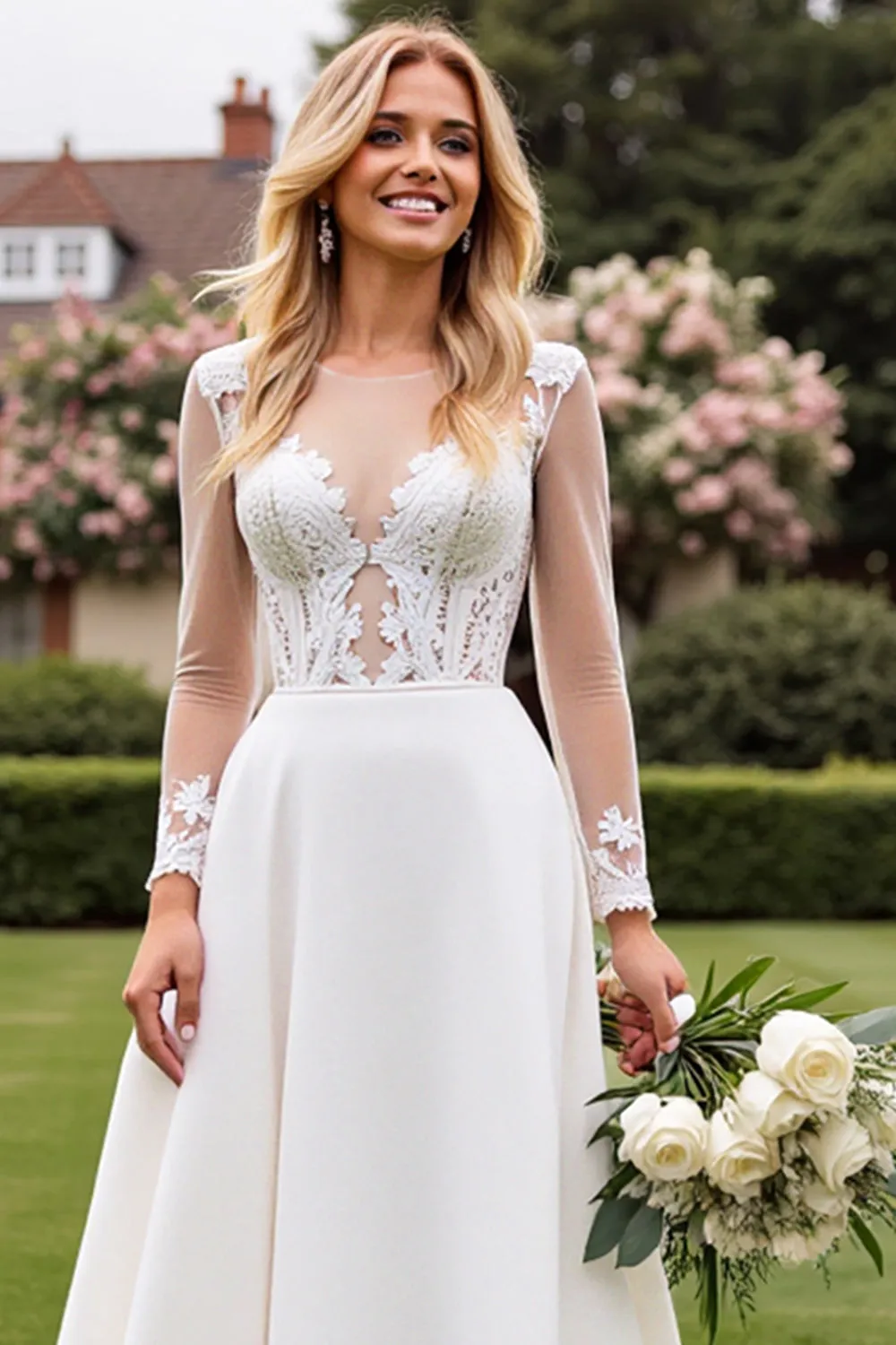 A Line lvory Long Sleeves Lace Appliqued Wedding Dress sold by Zapaka product image thumbnail 4