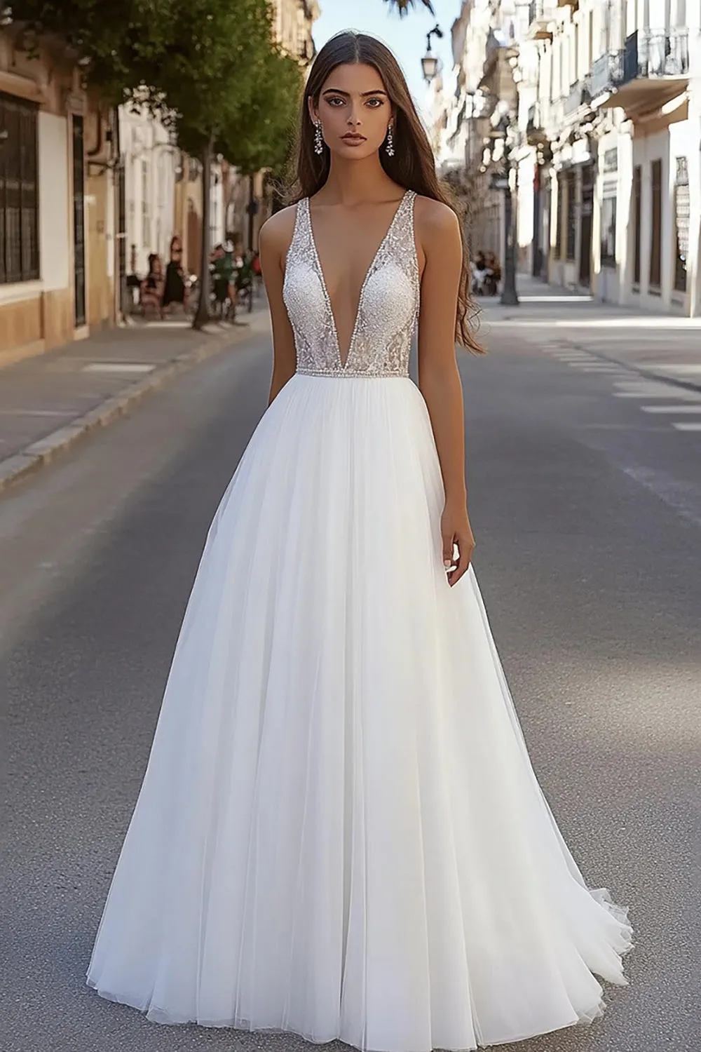 Deep V Neck Lace Tulle Ivory A Line Wedding Dress sold by Zapaka
