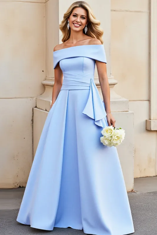 Light Blue Satin A Line Off The Shoulder Wedding Dress sold by Zapaka