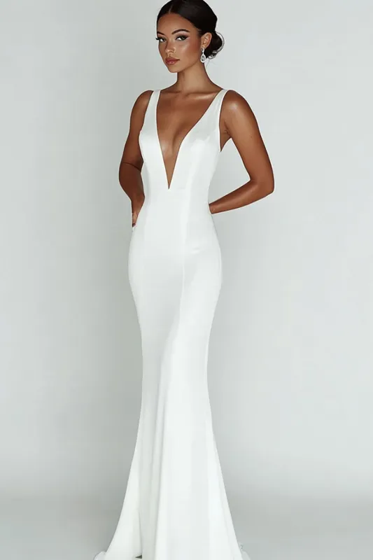 Simple White Mermaid V Neck Satin Wedding Dress sold by Zapaka