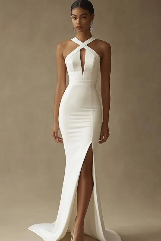 Mermaid White Keyhole Satin Wedding Dress with Slit sold by Zapaka