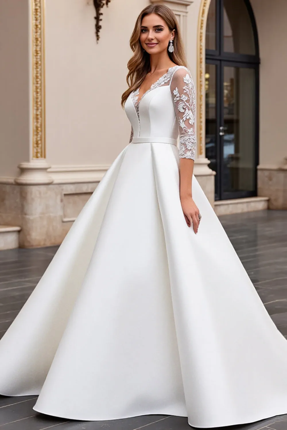 A Line Long Sleeves lvory Appliqued Wedding Dress sold by Zapaka product image thumbnail 3