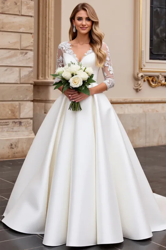 A Line Long Sleeves lvory Appliqued Wedding Dress sold by Zapaka