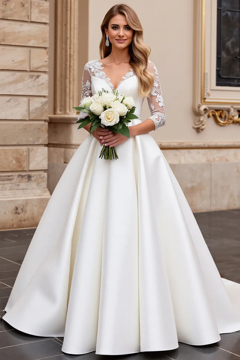 A Line Long Sleeves lvory Appliqued Wedding Dress sold by Zapaka