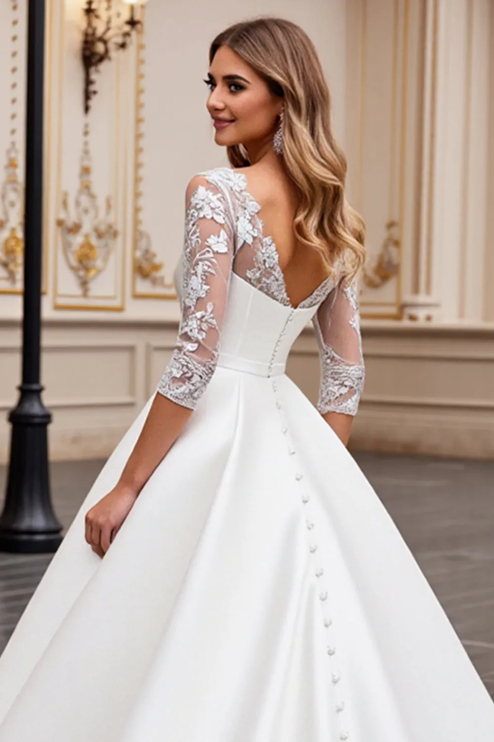 A Line Long Sleeves lvory Appliqued Wedding Dress sold by Zapaka product image thumbnail 5