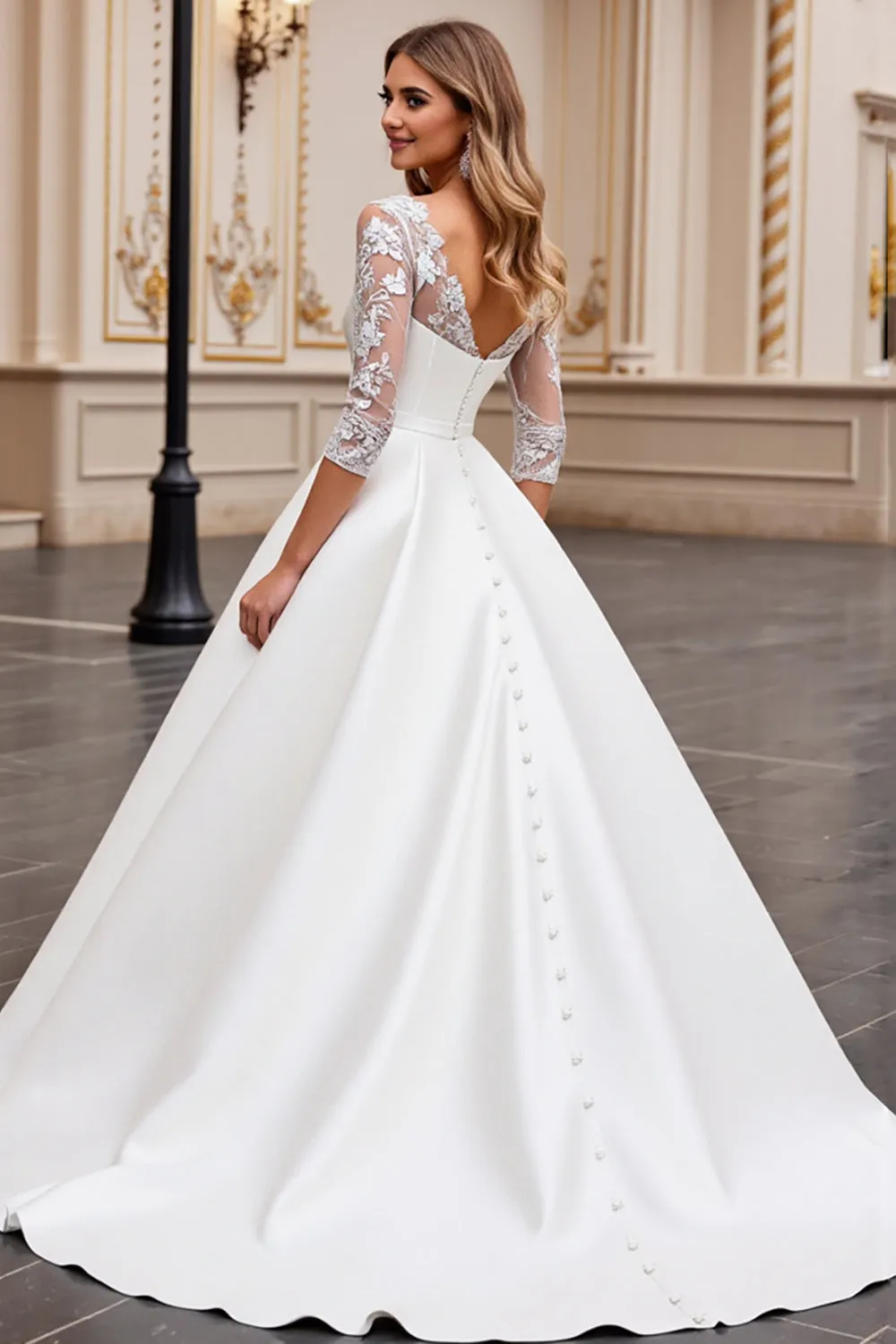 A Line Long Sleeves lvory Appliqued Wedding Dress sold by Zapaka product image thumbnail 2
