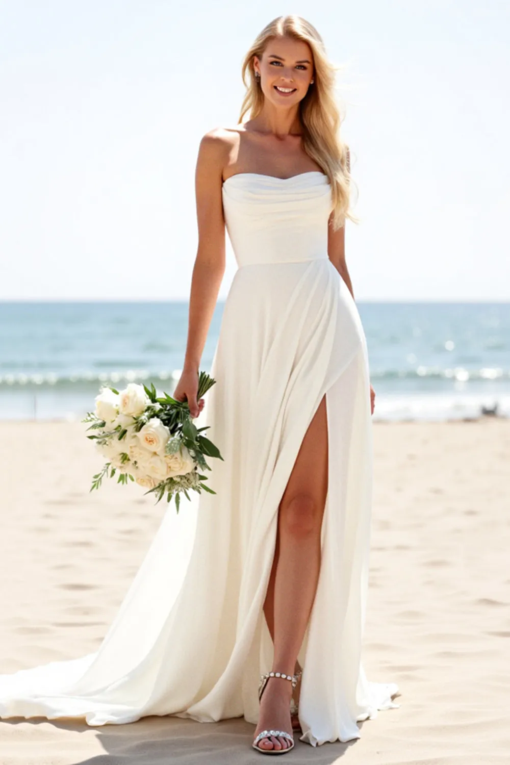 Ivory Chiffon Strapless A Line Wedding Dress sold by Zapaka