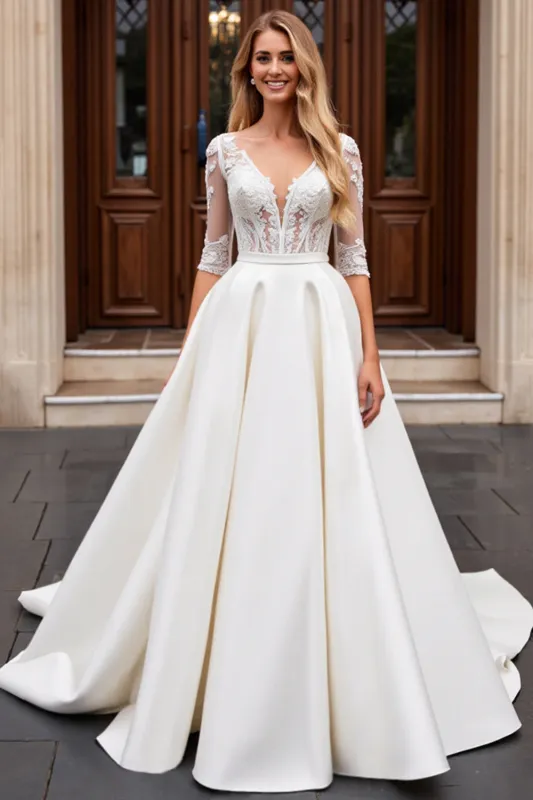 A Line Long Sleeves lvory Lace Wedding Dress sold by Zapaka