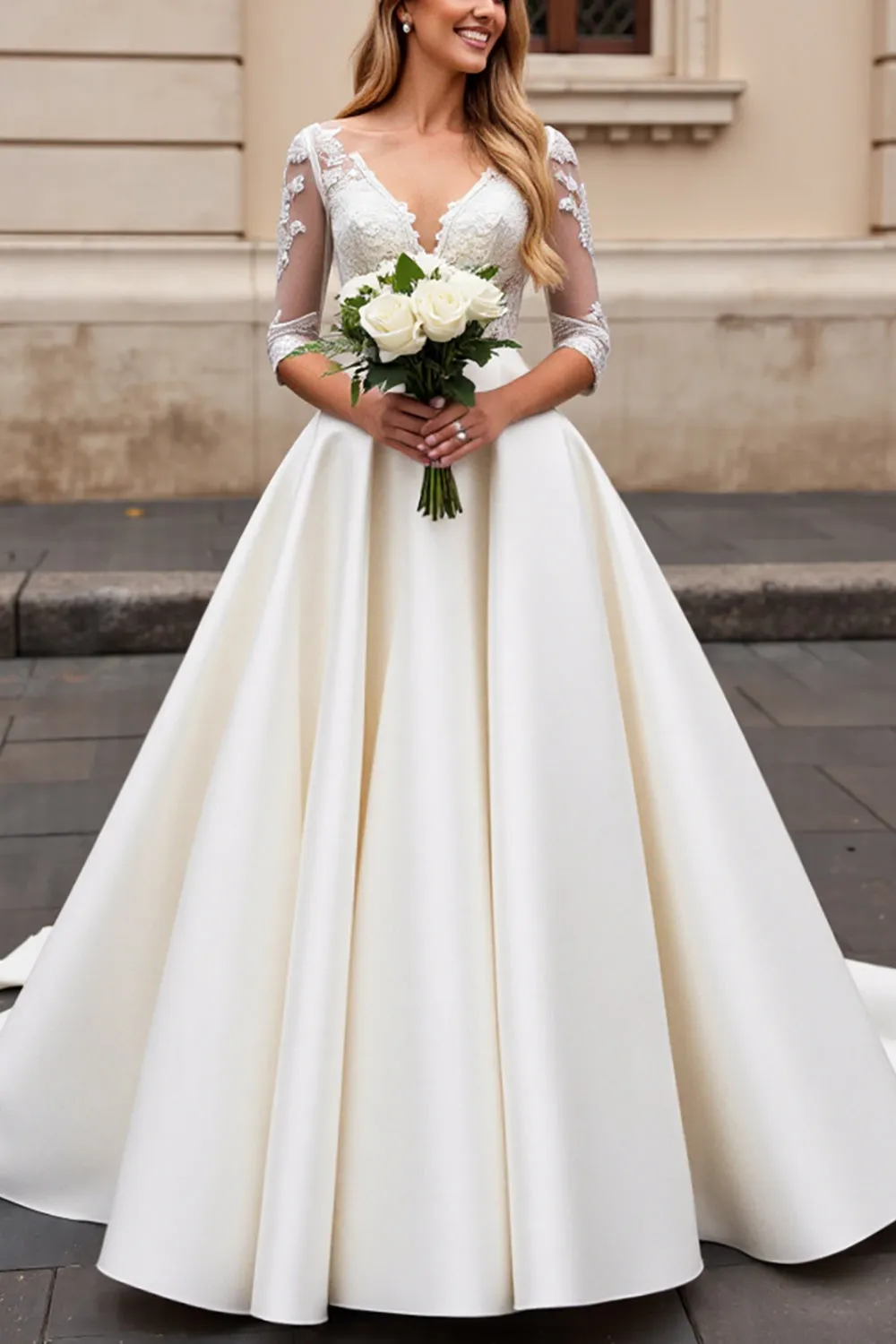 A Line Long Sleeves lvory Lace Wedding Dress sold by Zapaka product image thumbnail 3