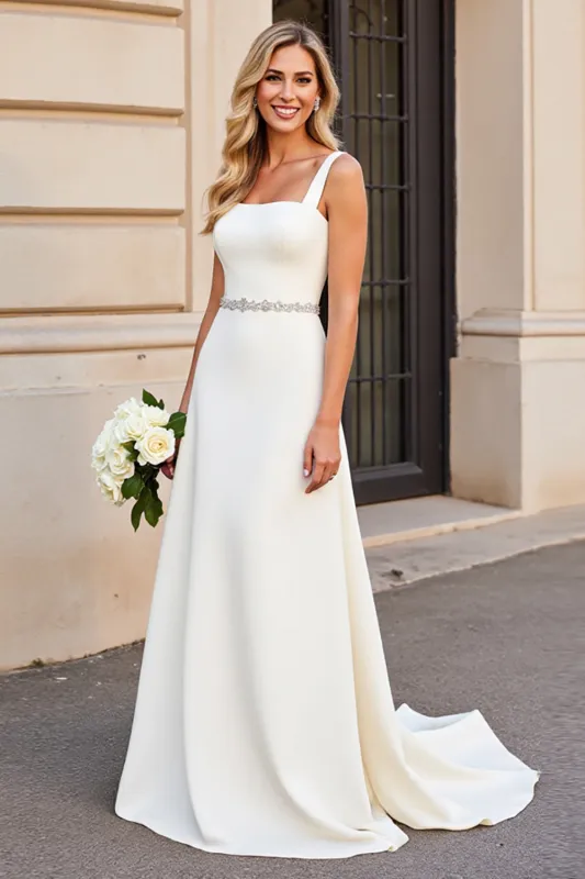 Simple lvory A Line Spaghetti Straps Long Wedding Dress sold by Zapaka