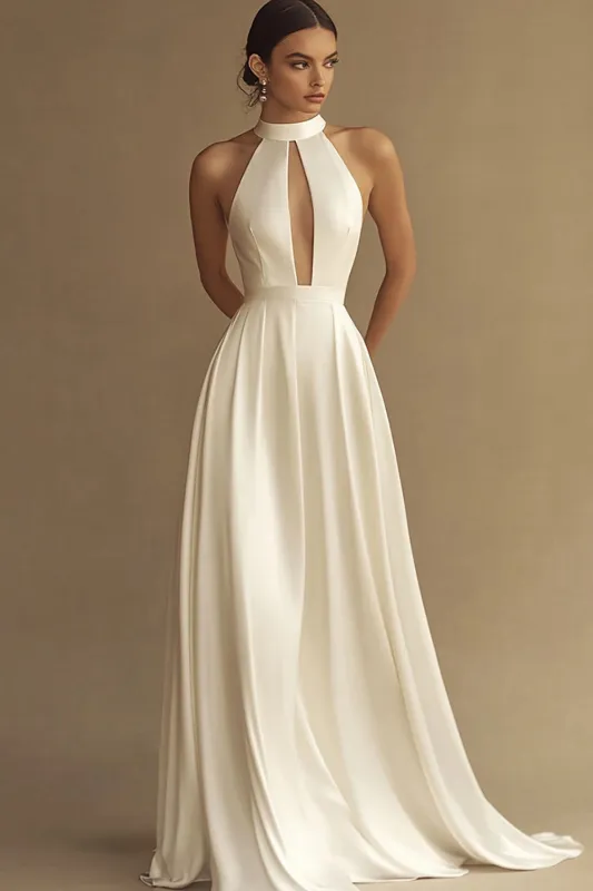 White A-Line High Neck Satin Long Bridal Dress With Hollow Out sold by Zapaka