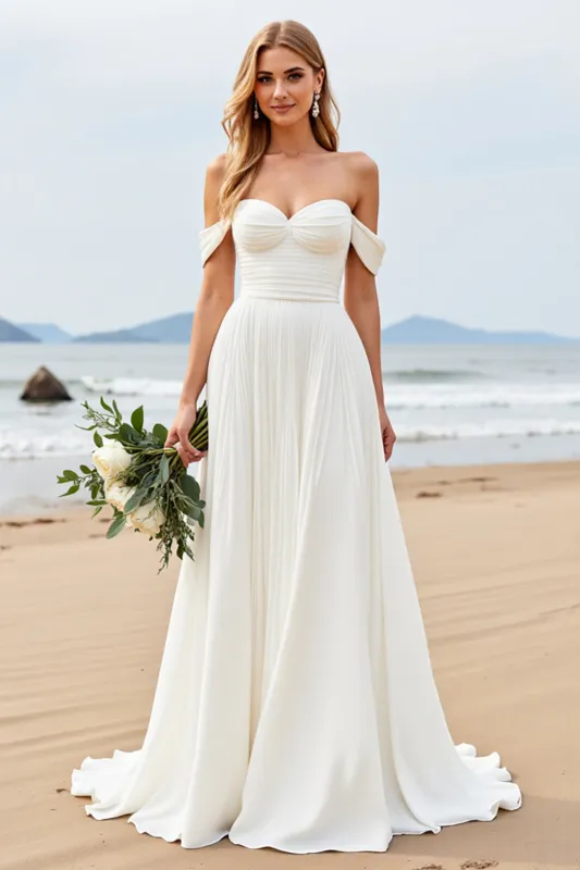 Ivory Chiffon A Line Pleated Off The Shoulder Wedding Dress made by Zapaka
