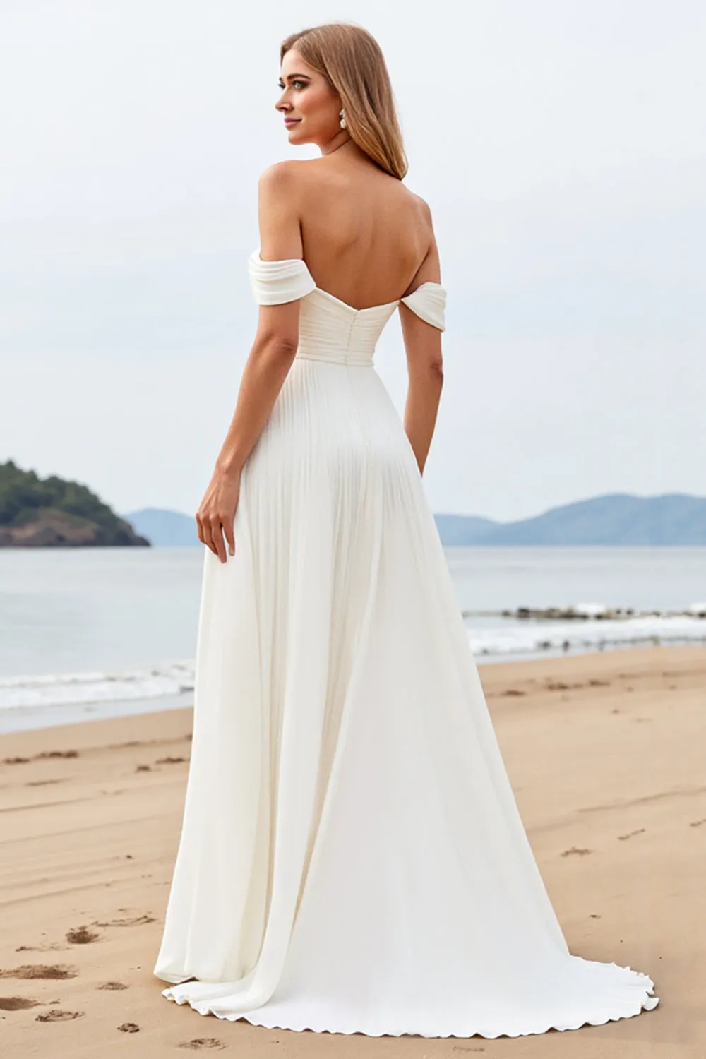 Ivory Chiffon A Line Pleated Off The Shoulder Wedding Dress sold by Zapaka product image thumbnail 2