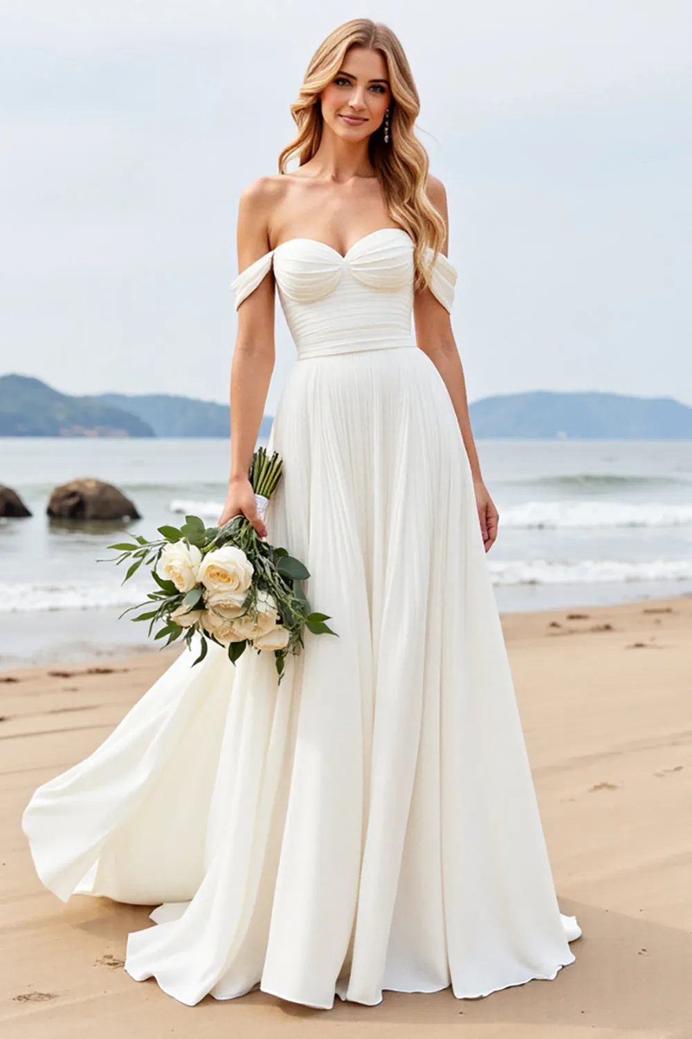 Ivory Chiffon A Line Pleated Off The Shoulder Wedding Dress sold by Zapaka product image thumbnail 3