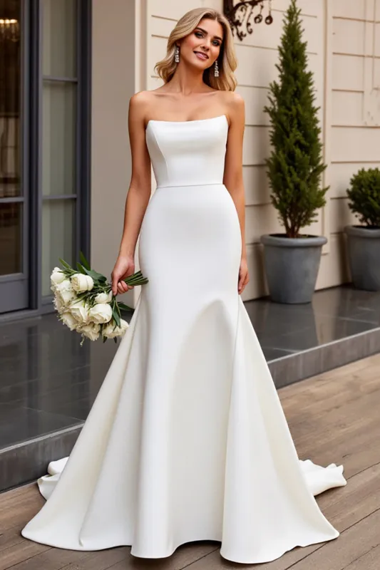 Elegant Strapless Mermaid Ivory Satin Wedding Dress sold by Zapaka