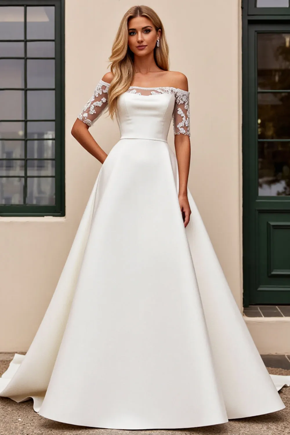 lvory A Line Off The Shoulder Appliqued Long Wedding Dress sold by Zapaka