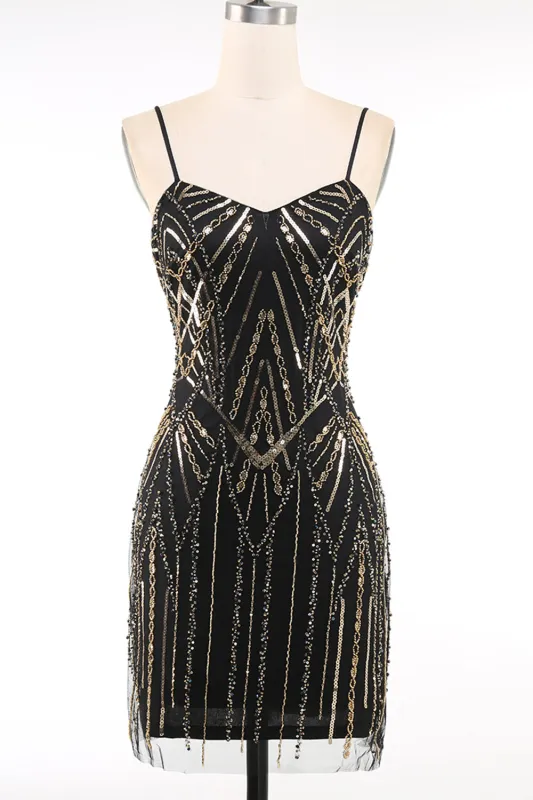 Black Golden Spaghetti Straps Sequins 1920s Dress made by Zapaka