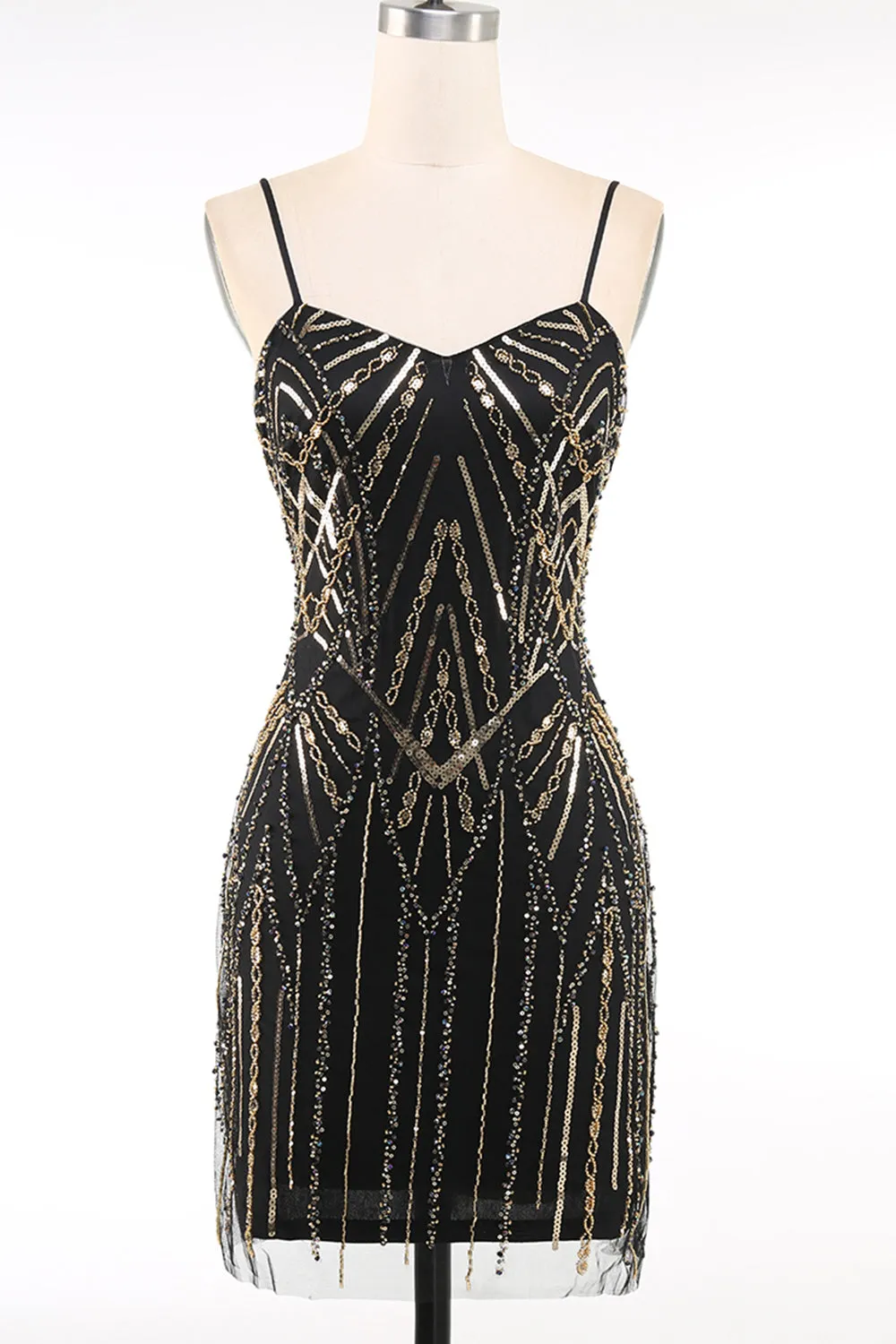 Black Golden Spaghetti Straps Sequins 1920s Dress sold by Zapaka