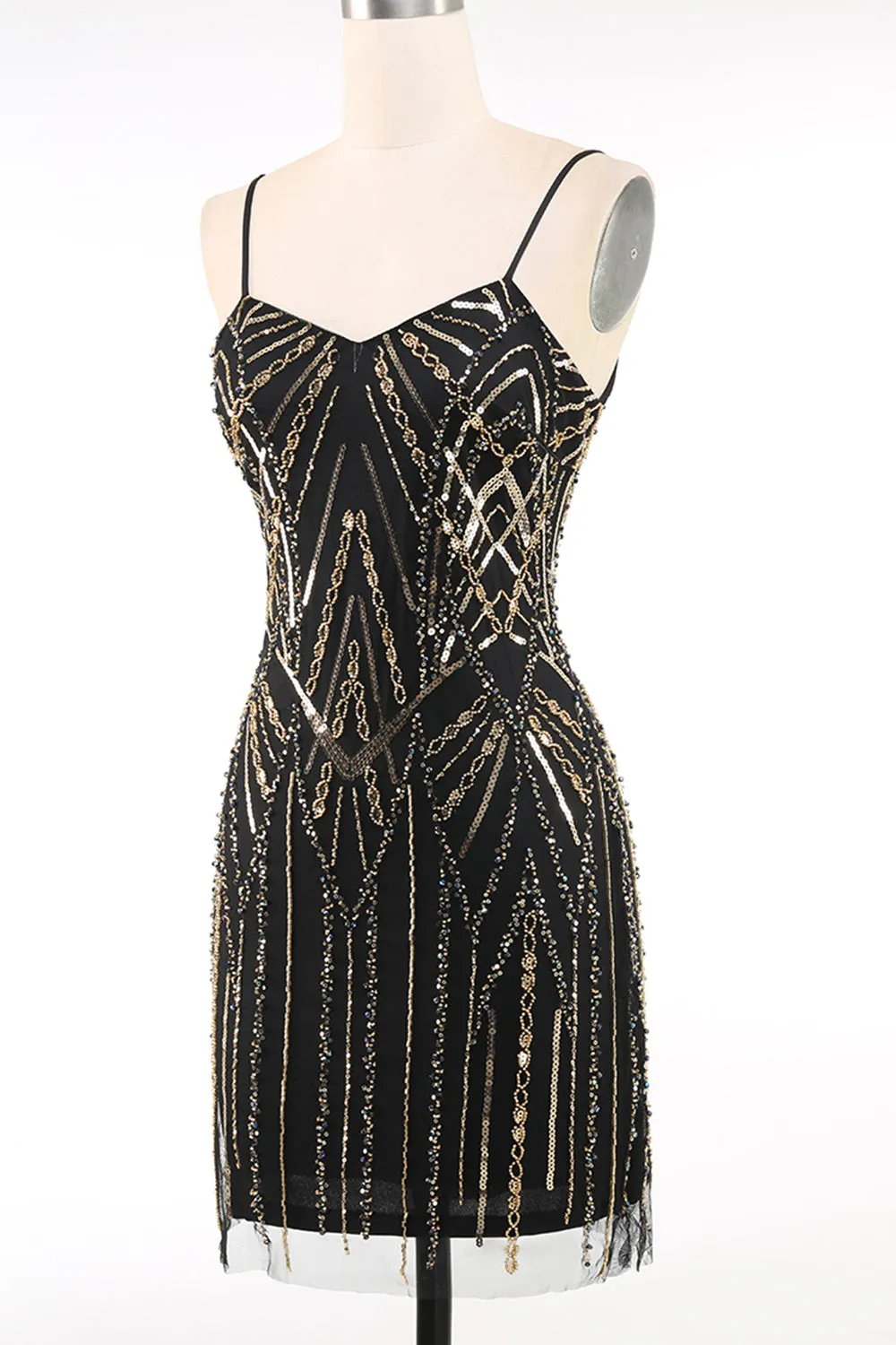 Black Golden Spaghetti Straps Sequins 1920s Dress sold by Zapaka product image thumbnail 3