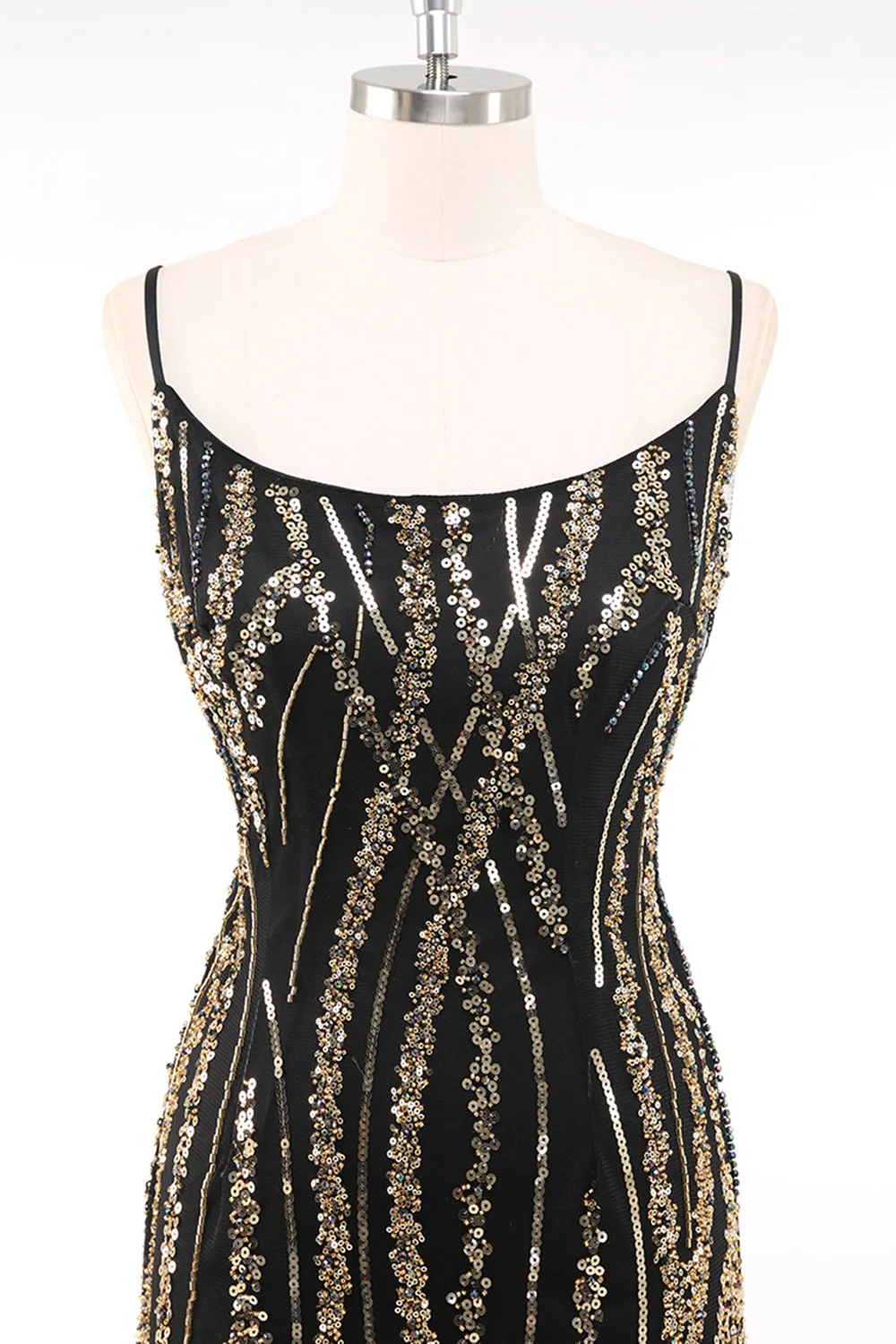 Black Golden Spaghetti Straps Sequins Bodycon 1920s Dress with Fringes sold by Zapaka product image thumbnail 4