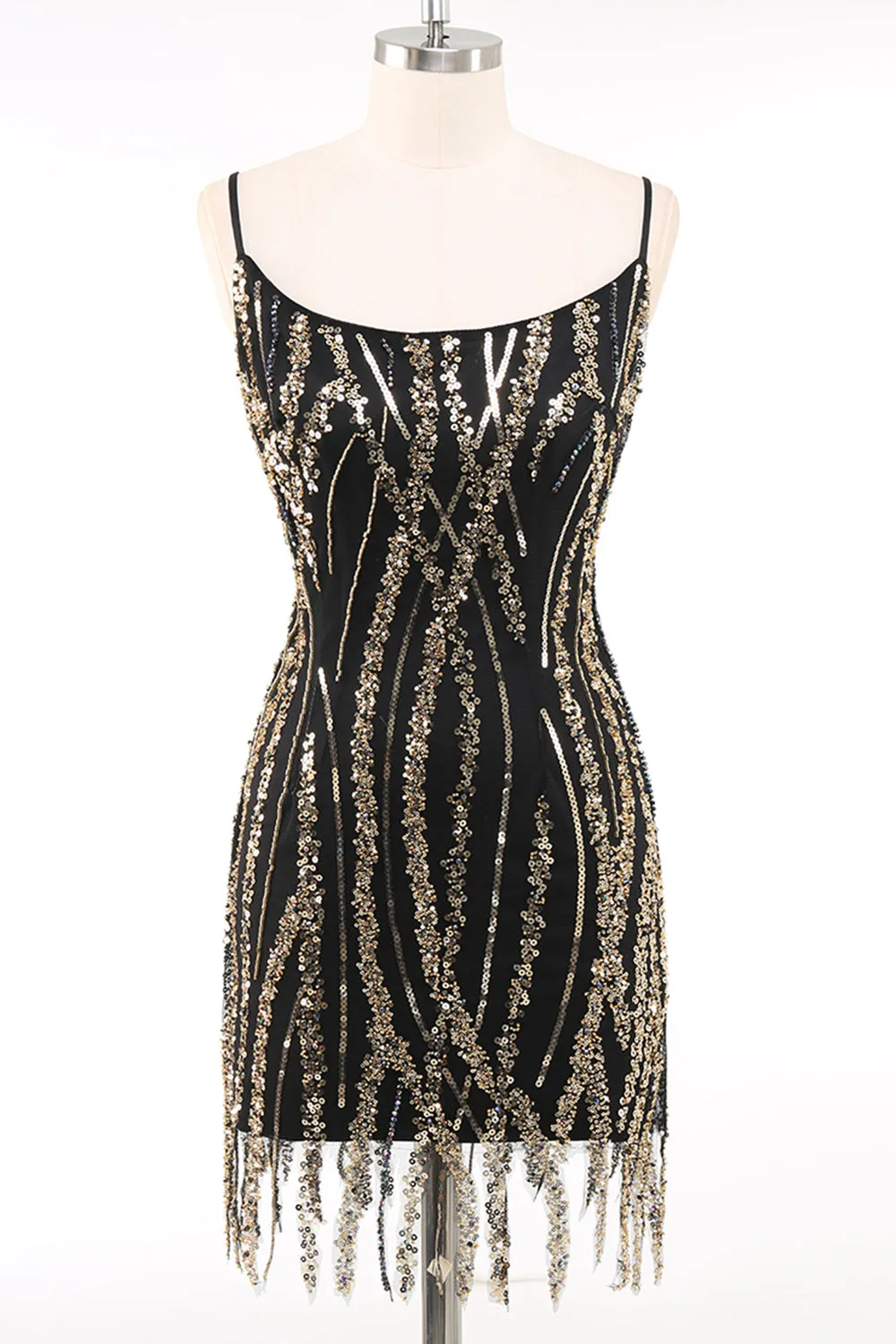 Black Golden Spaghetti Straps Sequins Bodycon 1920s Dress with Fringes sold by Zapaka