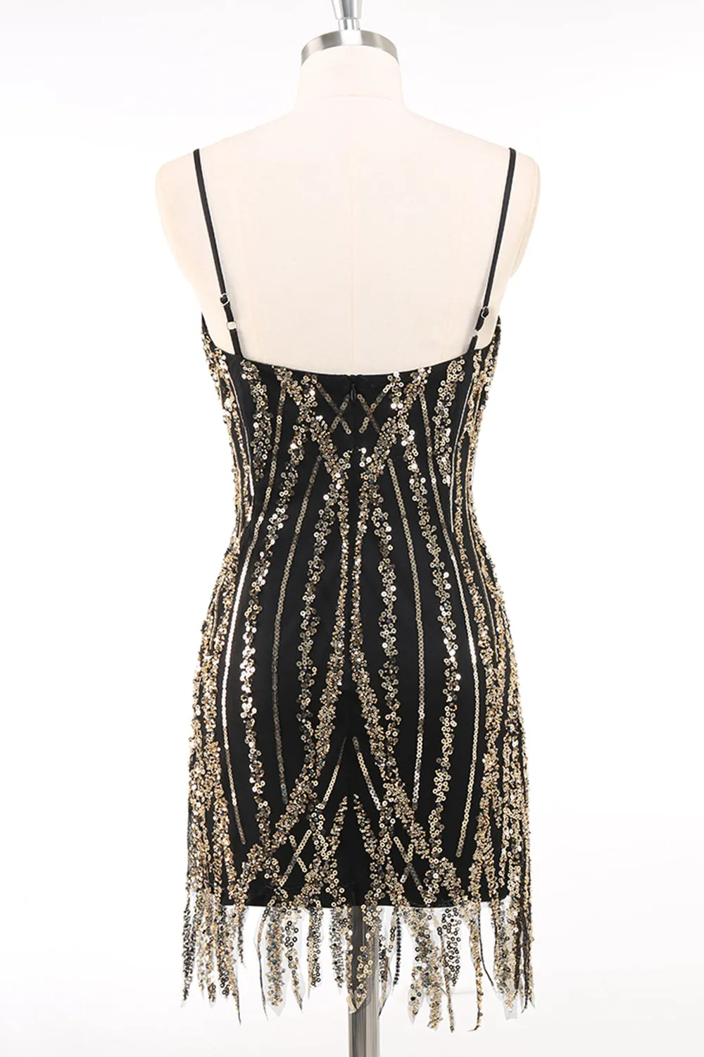 Black Golden Spaghetti Straps Sequins Bodycon 1920s Dress with Fringes sold by Zapaka product image thumbnail 2