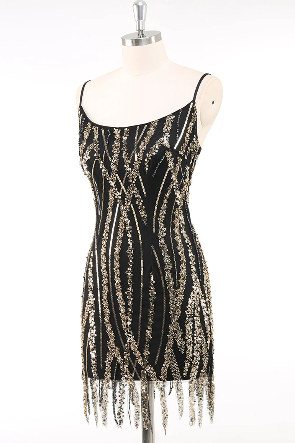 Black Golden Spaghetti Straps Sequins Bodycon 1920s Dress with Fringes sold by Zapaka product image thumbnail 3