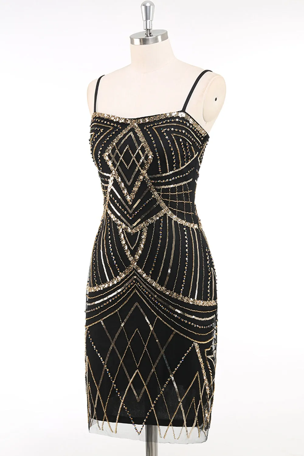 Black Golden Spaghetti Straps Sequins Bodycon Short 1920s Dress sold by Zapaka product image thumbnail 3