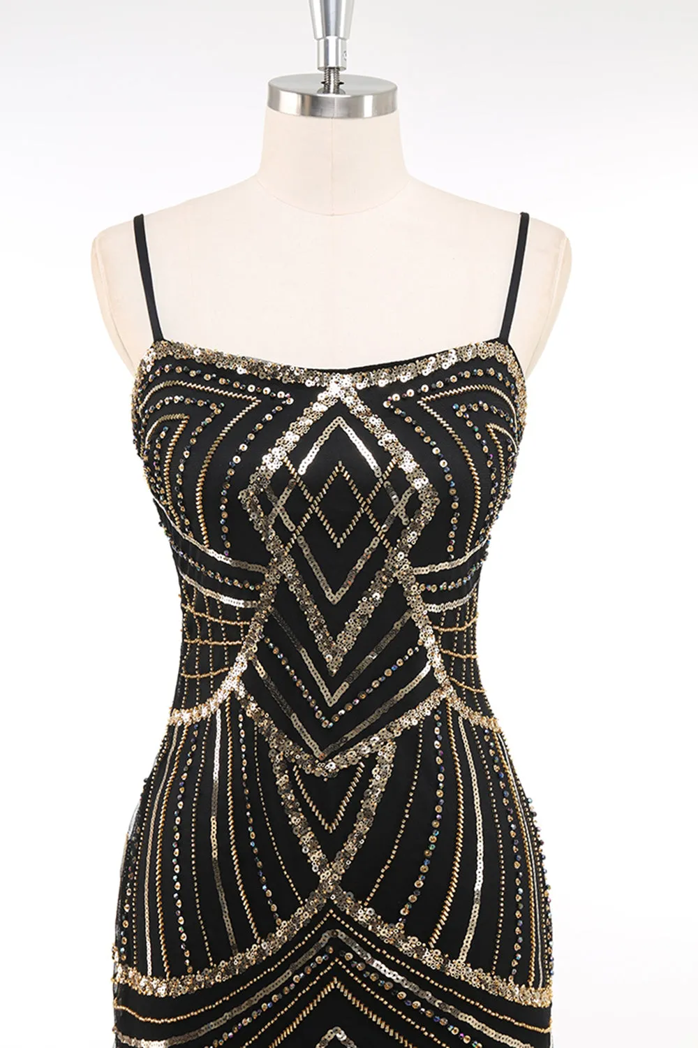Black Golden Spaghetti Straps Sequins Bodycon Short 1920s Dress sold by Zapaka product image thumbnail 4