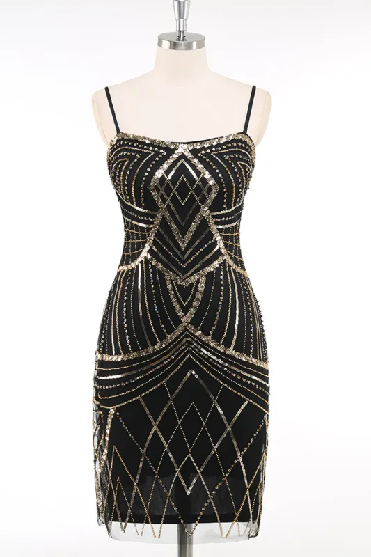 Black Golden Spaghetti Straps Sequins Bodycon Short 1920s Dress made by Zapaka