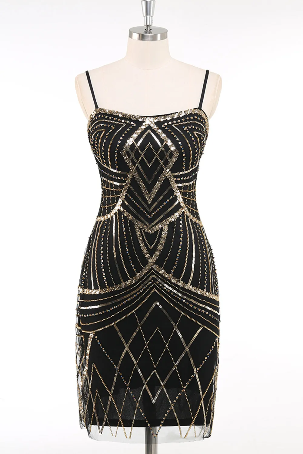 Black Golden Spaghetti Straps Sequins Bodycon Short 1920s Dress sold by Zapaka