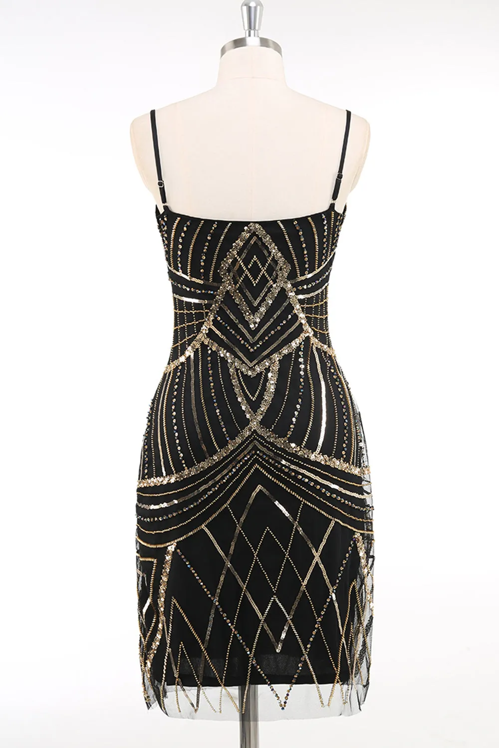 Black Golden Spaghetti Straps Sequins Bodycon Short 1920s Dress sold by Zapaka product image thumbnail 2
