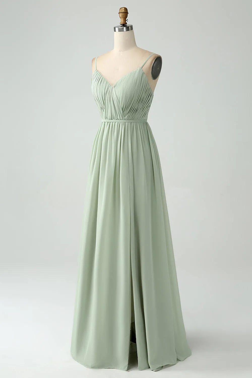 A-Line Dusty Sage Chiffon Spaghetti Straps Long Bridesmaid Dress with Slit sold by Zapaka product image thumbnail 3