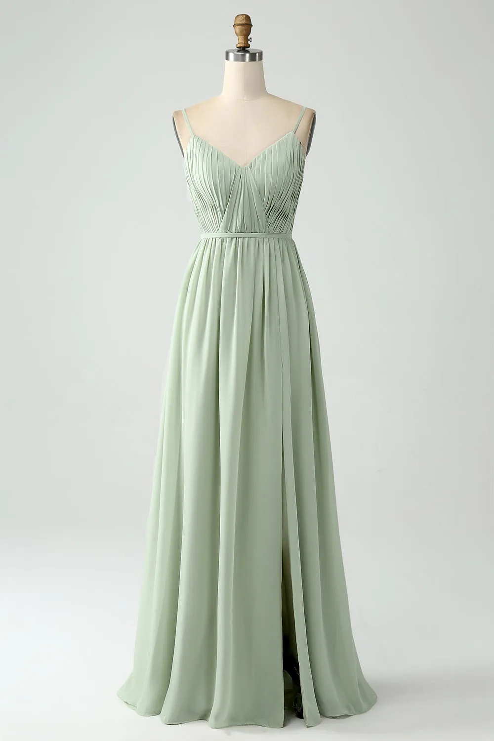 A-Line Dusty Sage Chiffon Spaghetti Straps Long Bridesmaid Dress with Slit sold by Zapaka