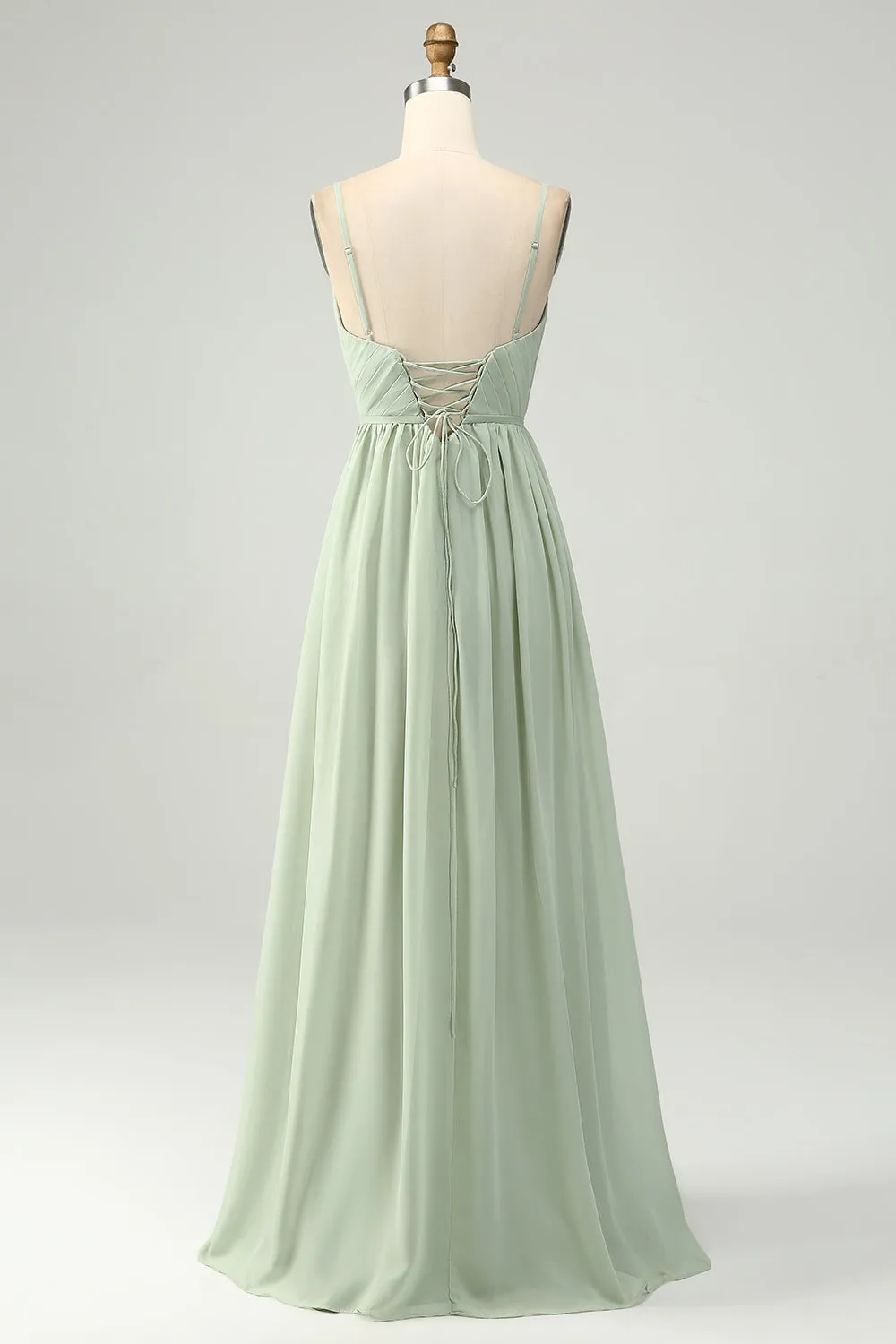 A-Line Dusty Sage Chiffon Spaghetti Straps Long Bridesmaid Dress with Slit sold by Zapaka product image thumbnail 2