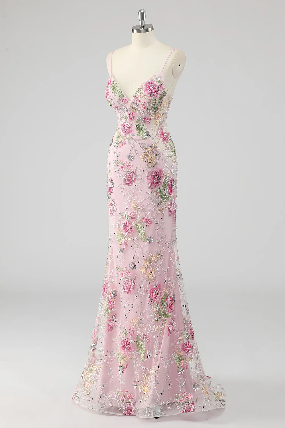 Pink Mermaid Spaghetti Straps Sequins Long Prom Dress with Appliques sold by Zapaka product image thumbnail 3